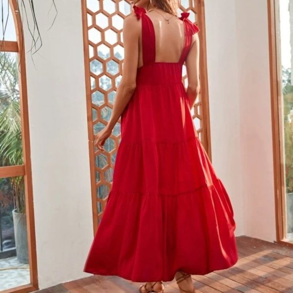 Button Front Ruffle Hem Dress RED - Picture 5 of 5